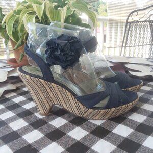 Womens Denim  Blue wedge ankle sandal with Flower  from Macys Style and Co., 6